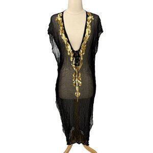 Manish Vaid Dress Cover-Up Size M Black Gold Embellished Resort Beach Poolside